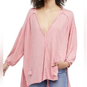 We The Free People Just A Henley Coral Pink Vneck Blouse Top Wmn XS Boho Peasant